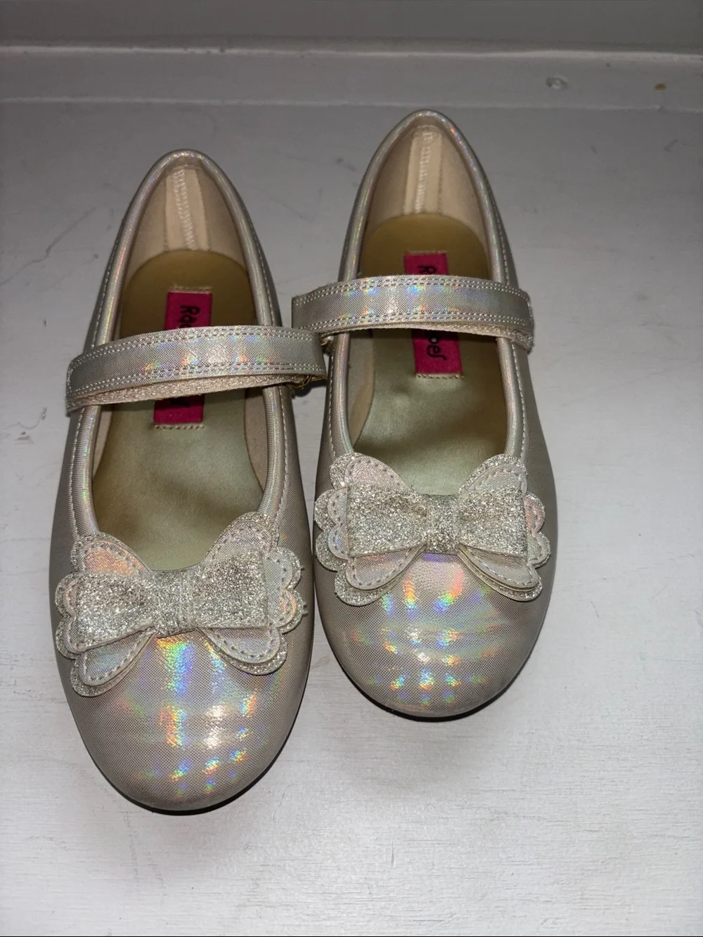 Rachel Shoes Iridescent Pearl Mary Janes with Glitter Bow